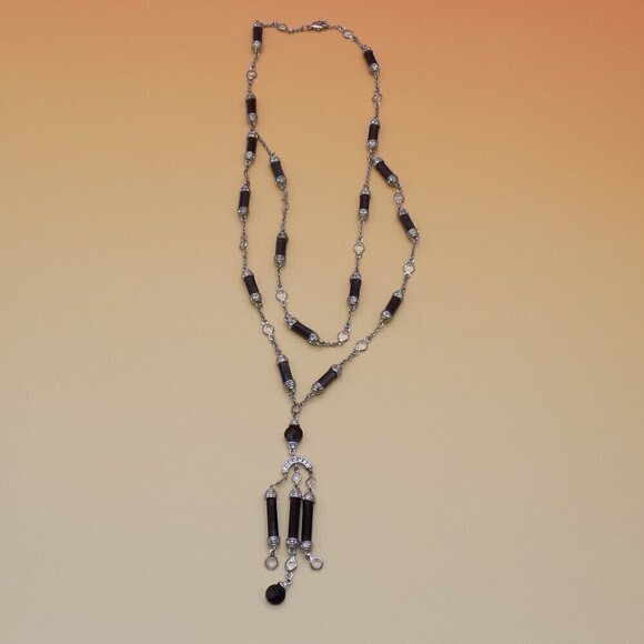 Art Deco Style Black Bead Necklace Silver-tone Clear Stone Station 2 Row Layered - Picture 2 of 10